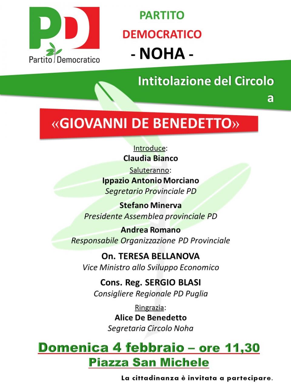 Intitolazione a Giovanni De Benedetto della sezione PD di Noha