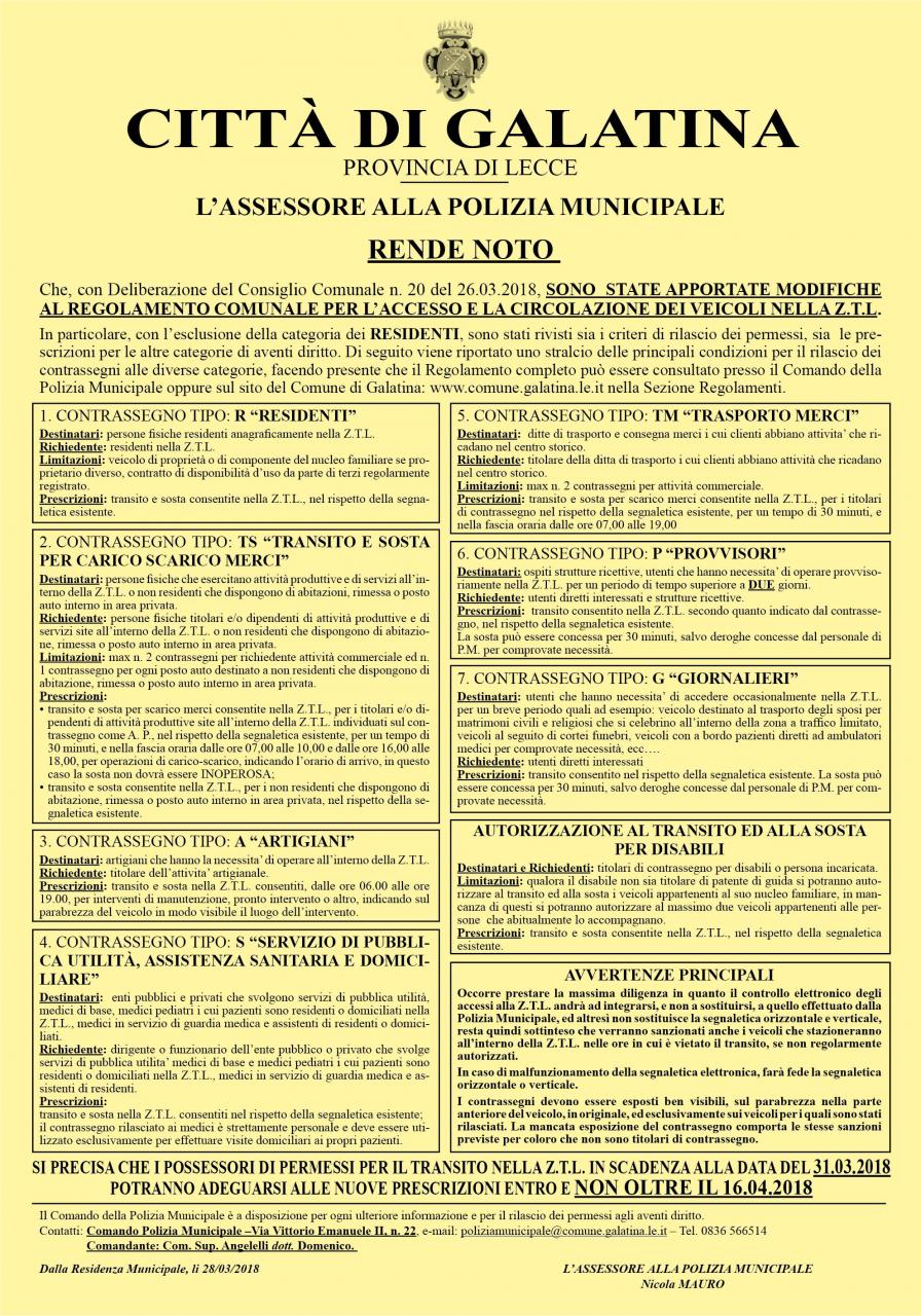 In un manifesto le nuove regole per l'accesso nelle Zone a Traffico Limitato di Galatina