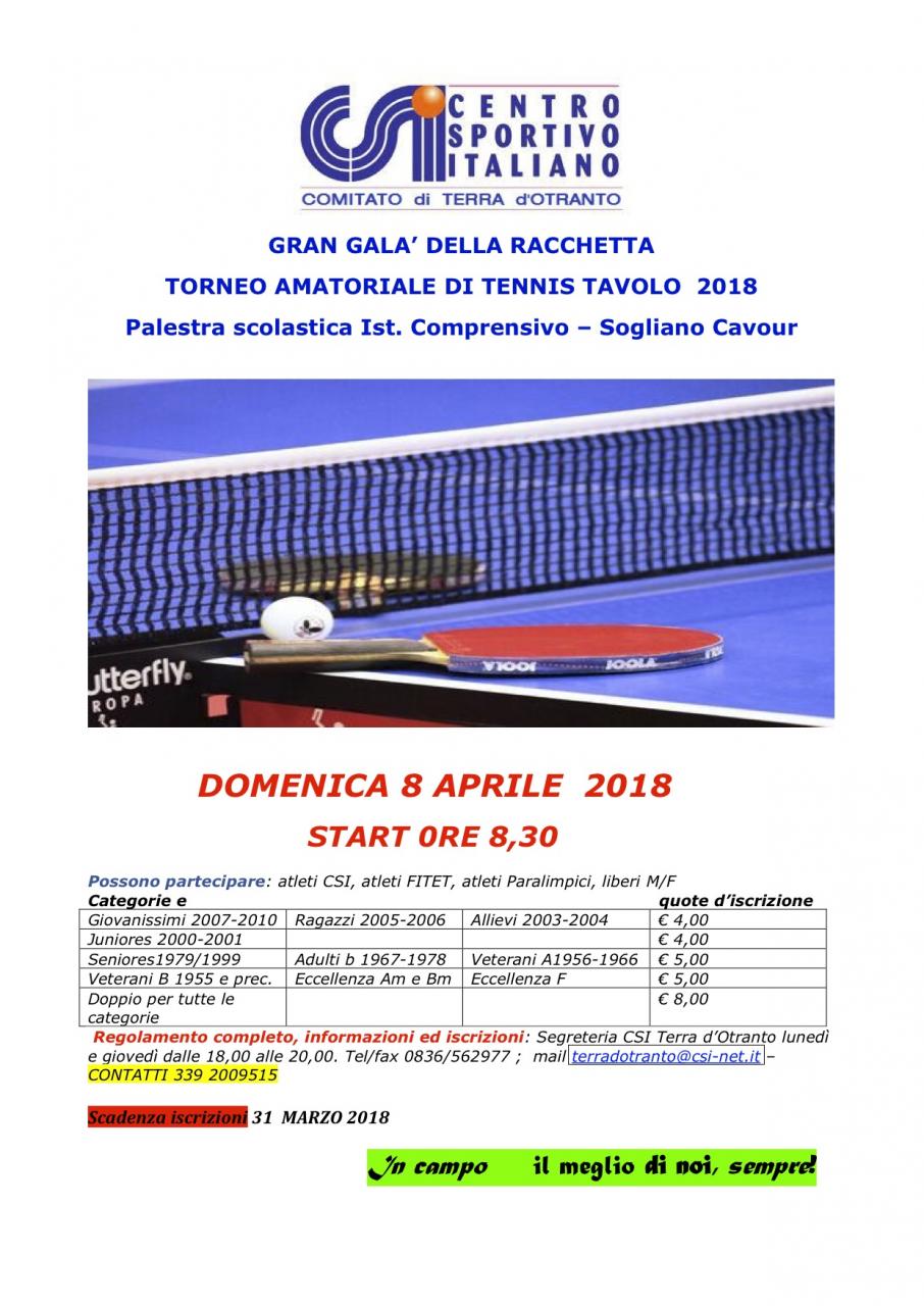 Gran Gala’ della racchetta, aperte le iscrizioni al torneo amatoriale di tennistavolo del Csi