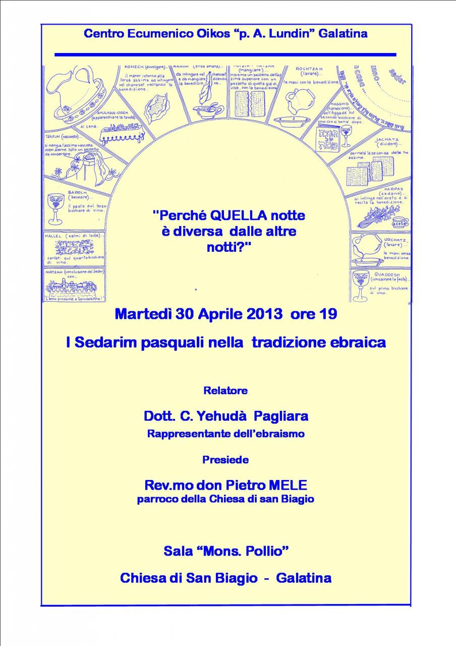 "I Sedarim pasquali nella tradizione ebraica". Oggi presso la sala Pollio "I Sedarim pasquali nella tradizione ebraica". Oggi presso la sala Pollio