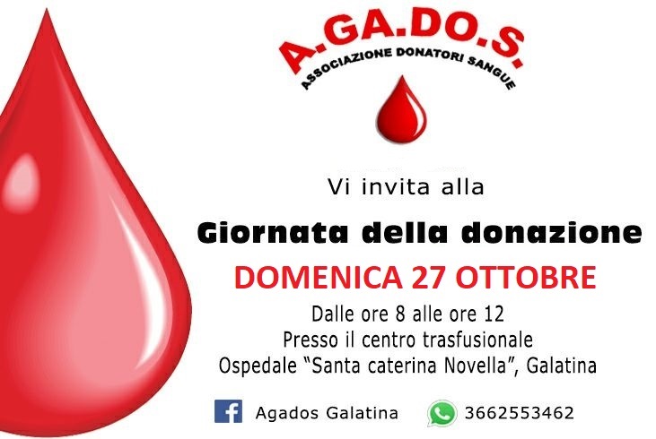 “Una goccia di vita per la vita!", il 27 ottobre con AGaDos “Una goccia di vita per la vita!", il 27 ottobre con AGaDos