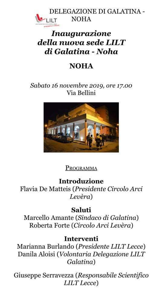 Presso il Circolo Arci Levéra di Noha la nuova sede della LILT di Galatina Presso il Circolo Arci Levéra di Noha la nuova sede della LILT di Galatina
