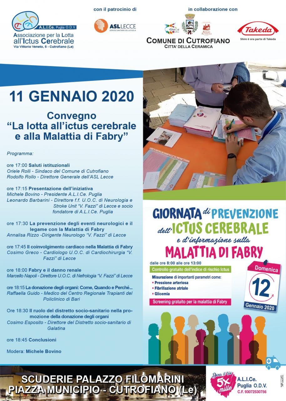 Ictus cerebrale e malattia di Fabry, un convegno a Cutrofiano Ictus cerebrale e malattia di Fabry, un convegno a Cutrofiano