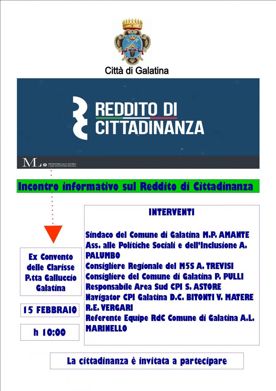 Reddito di cittadinanza, se ne parlerà a Galatina Reddito di cittadinanza, se ne parlerà a Galatina