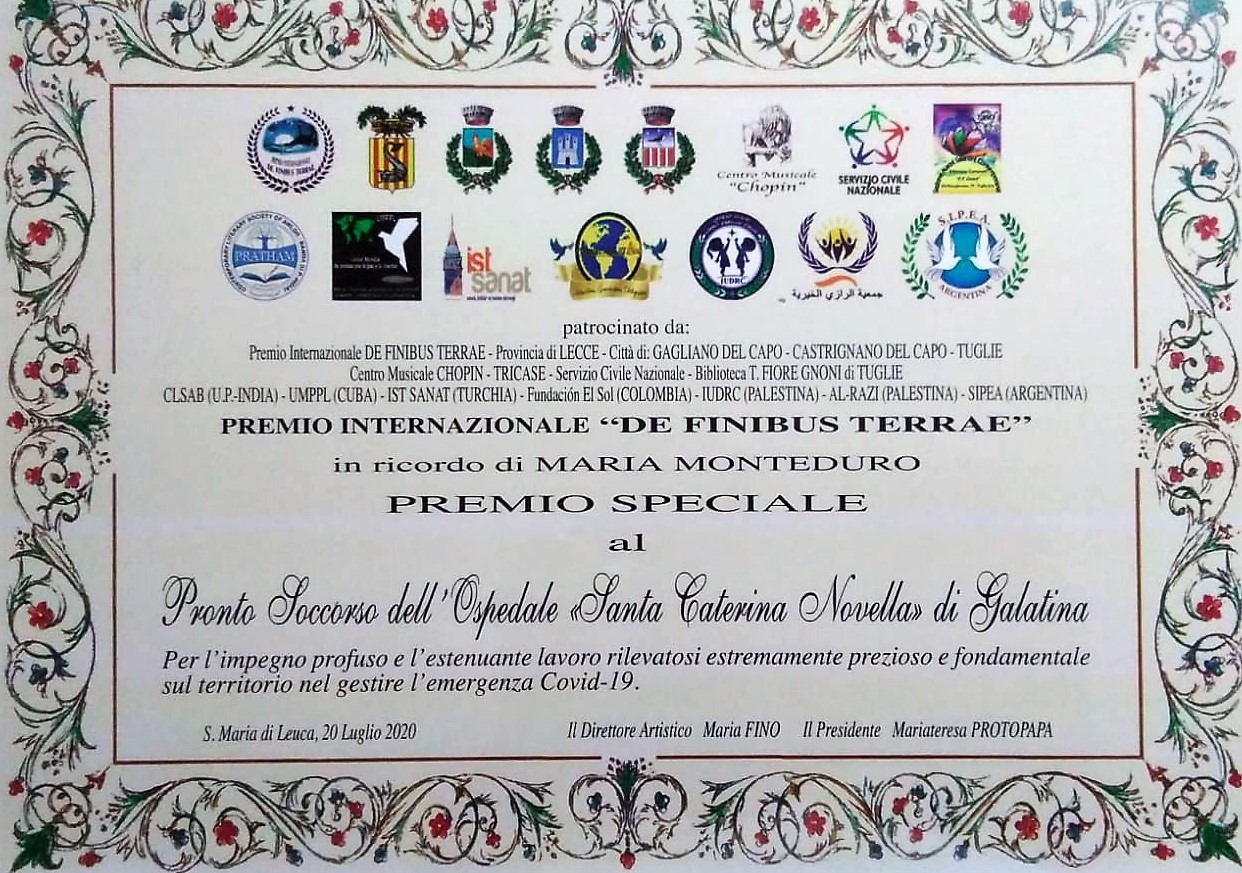 Premio Speciale al Pronto Soccorso di Galatina per l'impegno profuso nel corso dell'emergenza Covid-19