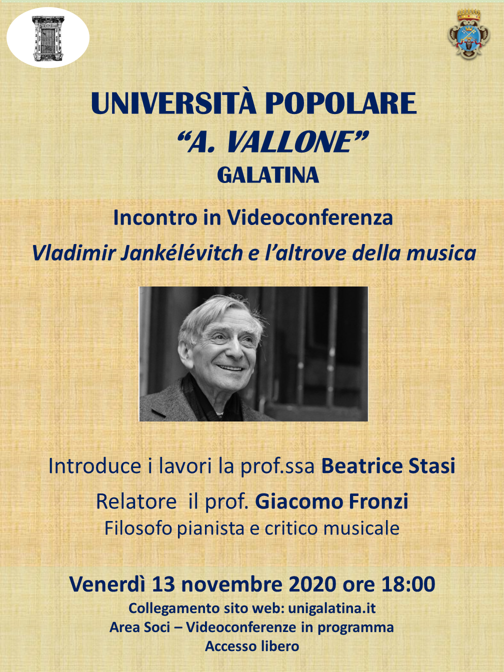 “Vladimir Jankélévitch e l’altrove della musica”, una lezione di Giacomo Fronzi per l'Università Popolare galatinese “Vladimir Jankélévitch e l’altrove della musica”, una lezione di Giacomo Fronzi per l'Università Popolare galatinese