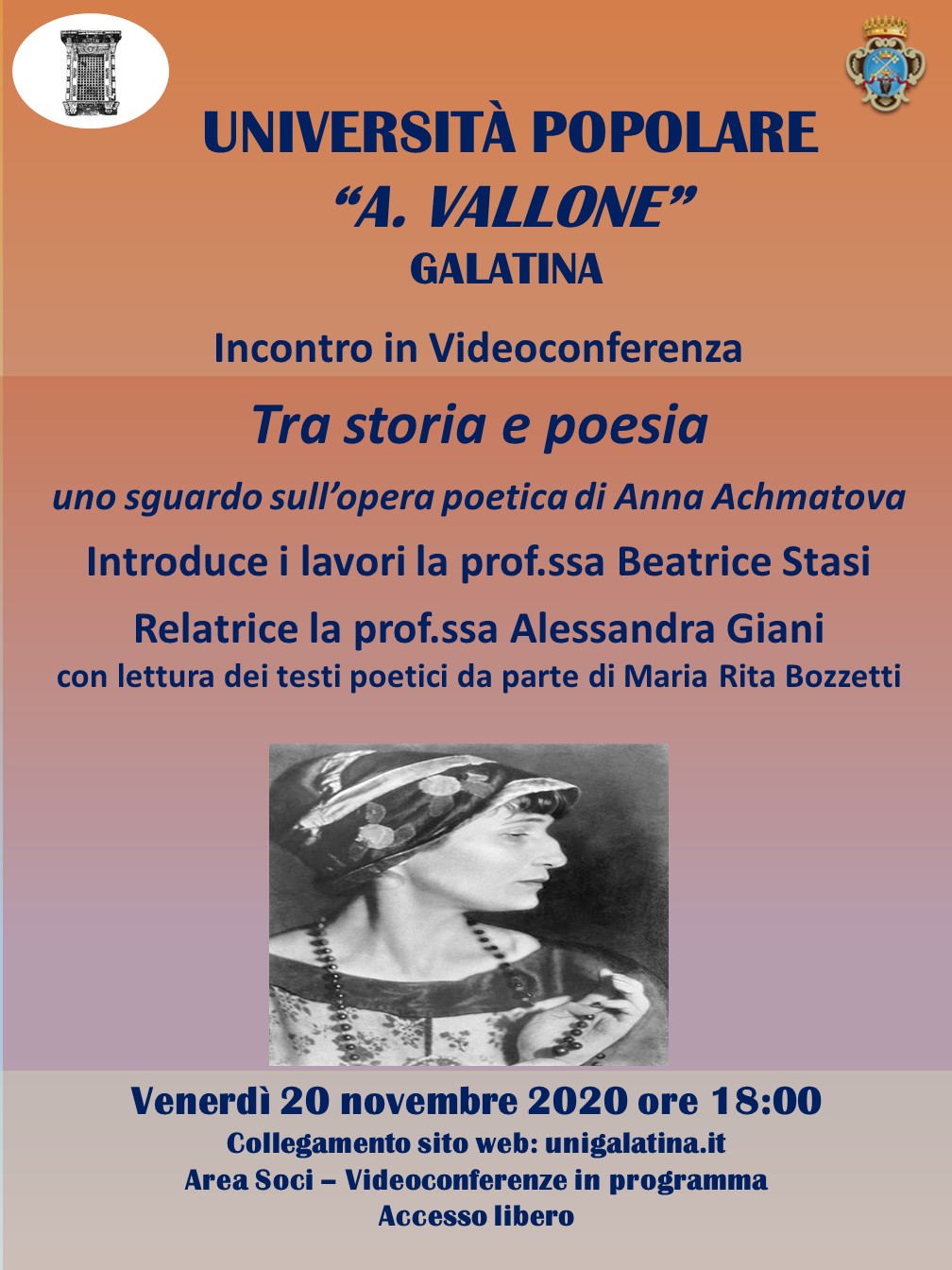 Alessandra Giani all'Università Popolare di Galatina in una video lezione su Anna Achmatova Alessandra Giani all'Università Popolare di Galatina in una video lezione su Anna Achmatova