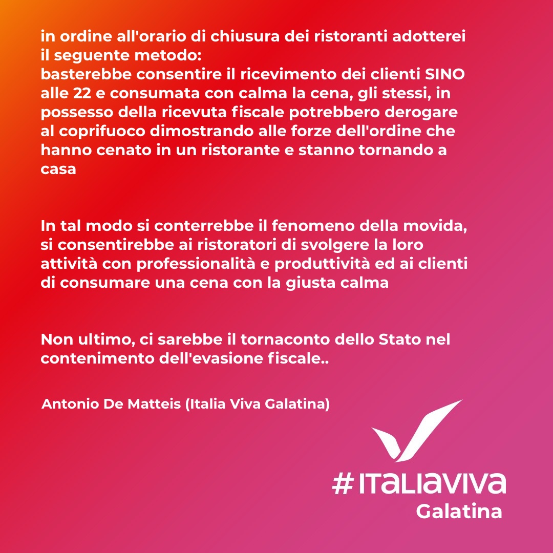 "Si potrebbe derogare al coprifuoco con la ricevuta fiscale del ristorante" "Si potrebbe derogare al coprifuoco con la ricevuta fiscale del ristorante"