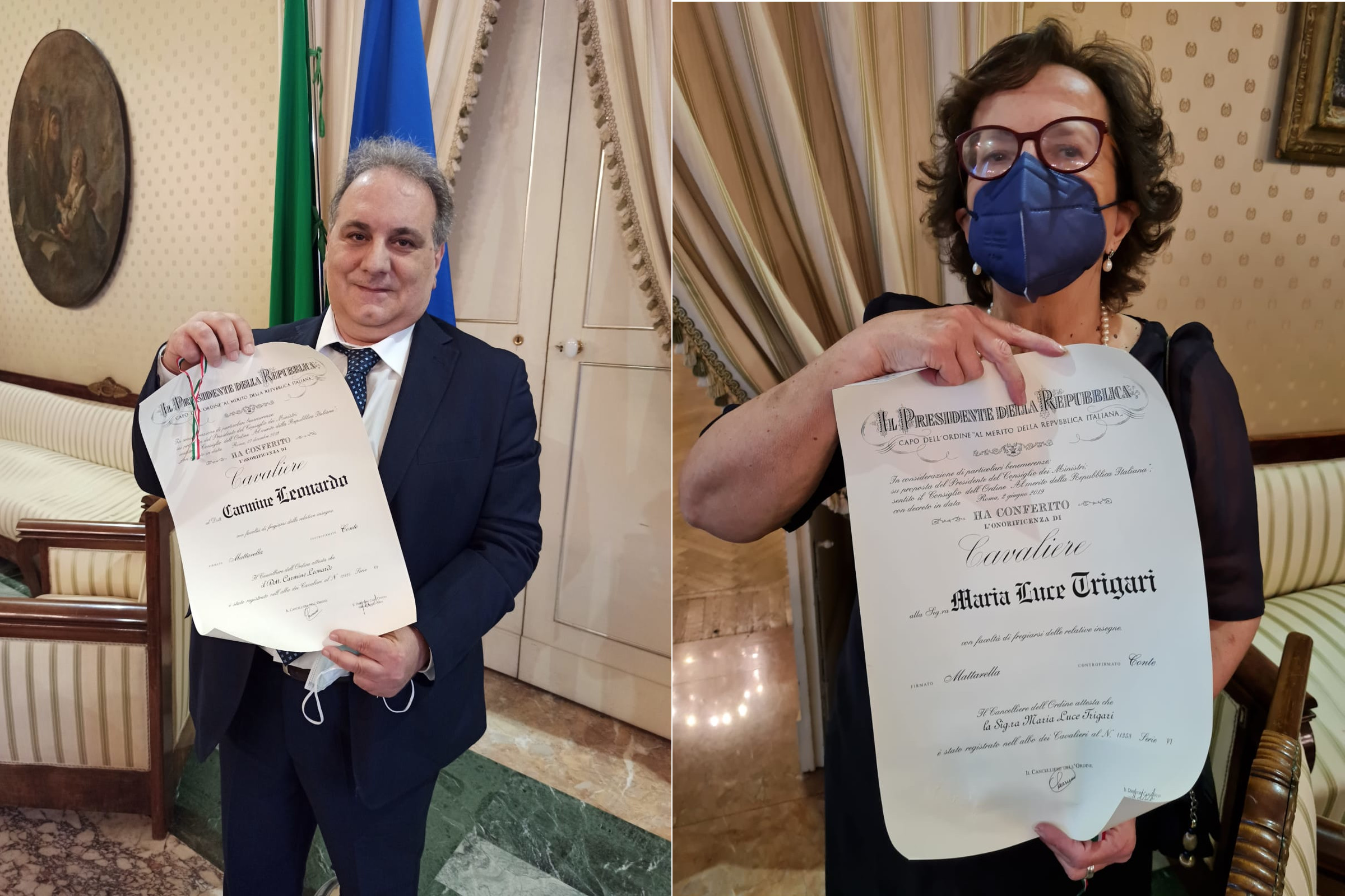 Maria Luce Trigari e Carmine Leonardo hanno ricevuto le insegne di &quot;Cavaliere dell'Ordine al Merito della Repubblica Italiana&quot;