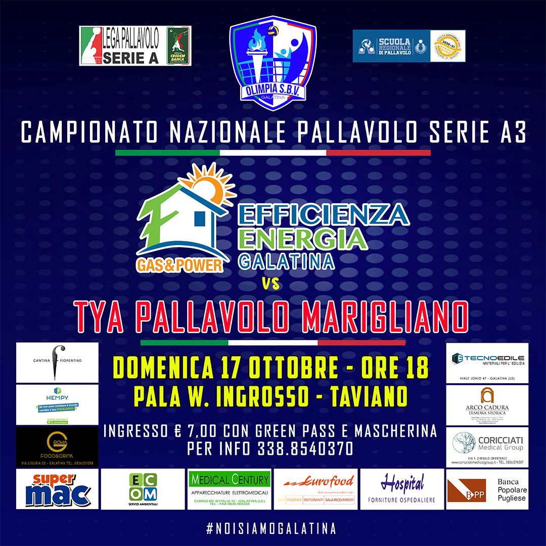 Efficienza Energia Galatina ospiterà a Taviano la Tya Marigliano Efficienza Energia Galatina ospiterà a Taviano la Tya Marigliano