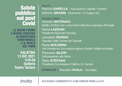 Pierpaolo Sileri e Dario Stefàno a Galatina per discutere di nuovi modelli di Salute Pubblica dopo il covid e del ruolo del PNRR con Antonio Antonaci, David Lazzari, Paola Boldrini e Leonardo Donno