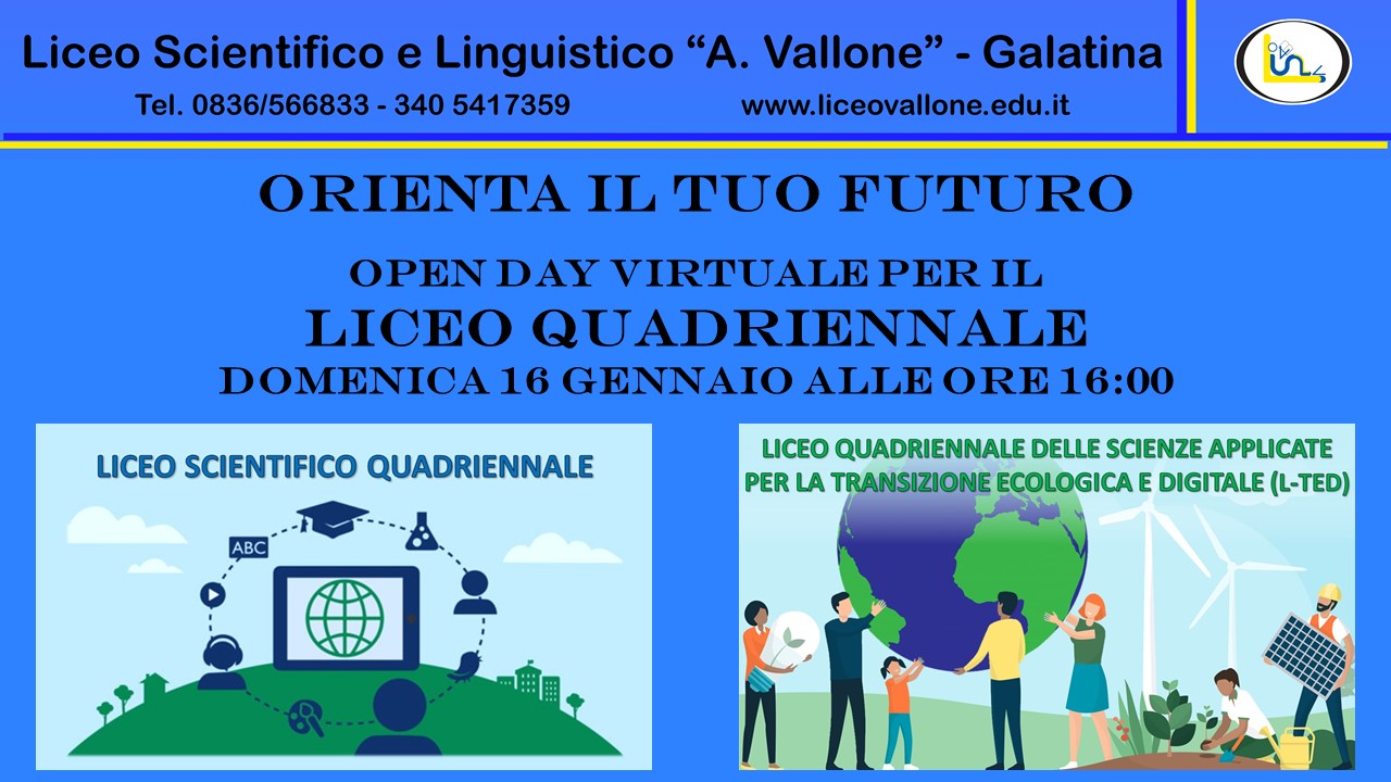 Attivato al 'Vallone' di Galatina il Liceo Quadriennale delle Scienze Applicate per la Transizione Ecologica e Digitale (Ted). Attivato al 'Vallone' di Galatina il Liceo Quadriennale delle Scienze Applicate per la Transizione Ecologica e Digitale (Ted).