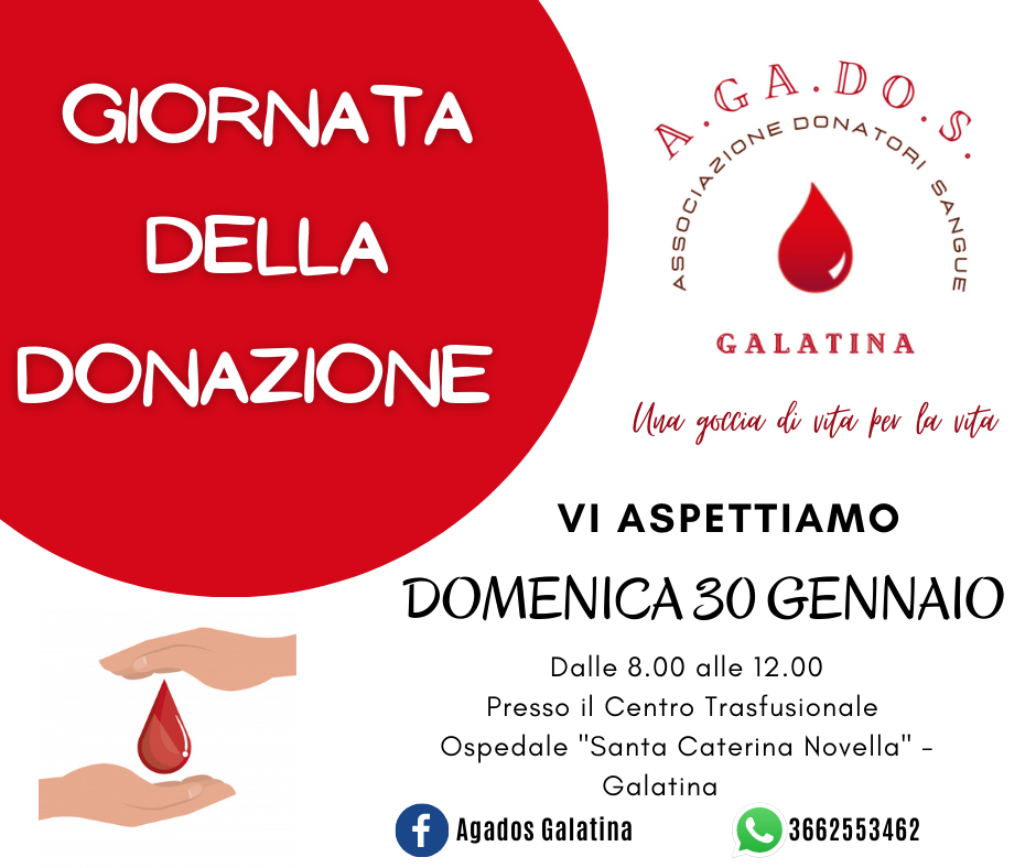 Domenica 30 Gennaio si dona il sangue a Galatina con A.GA.DO.S. Domenica 30 Gennaio si dona il sangue a Galatina con A.GA.DO.S.