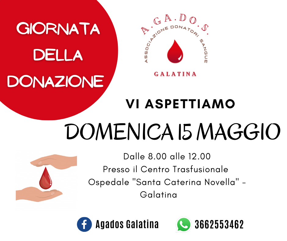 Domenica 15 Maggio si dona il sangue con AGADOS Domenica 15 Maggio si dona il sangue con AGADOS