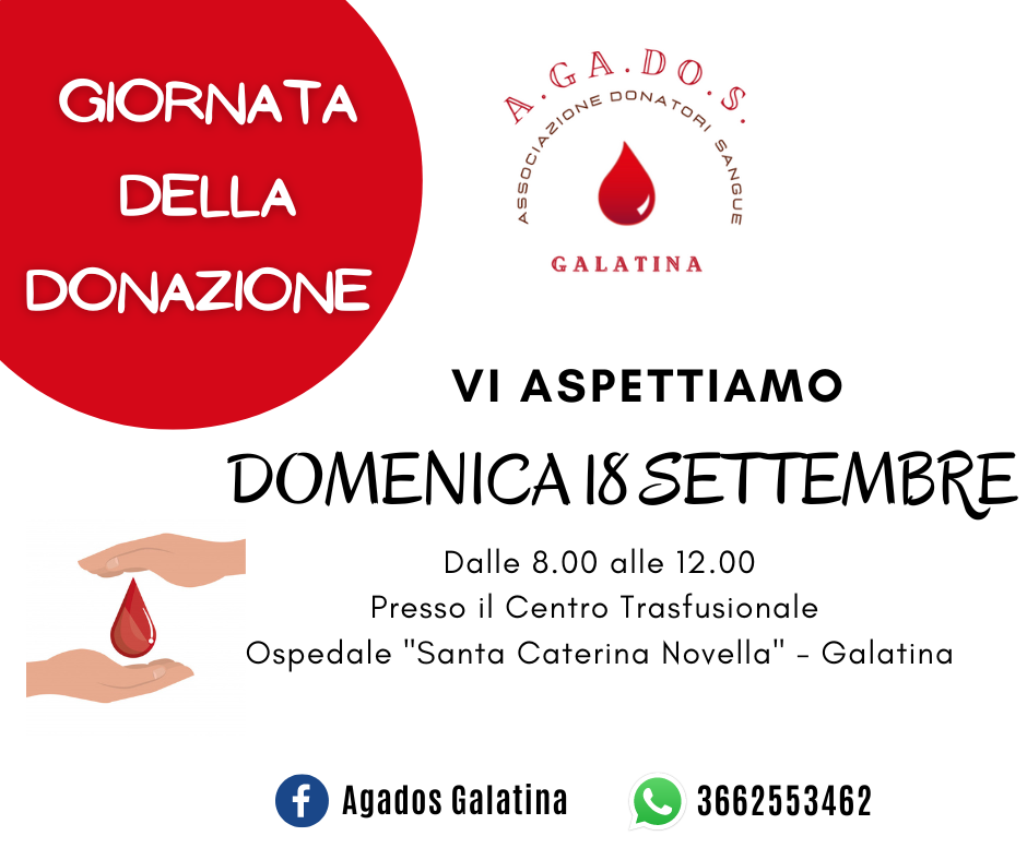 Il 18 settembre 2022 si dona il sangue con Agados Il 18 settembre 2022 si dona il sangue con Agados