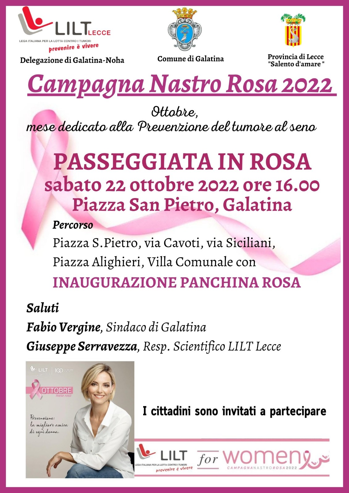 A Galatina una "Passeggiata in rosa" con la Lilt per la prevenzione dei tumori al seno A Galatina una "Passeggiata in rosa" con la Lilt per la prevenzione dei tumori al seno