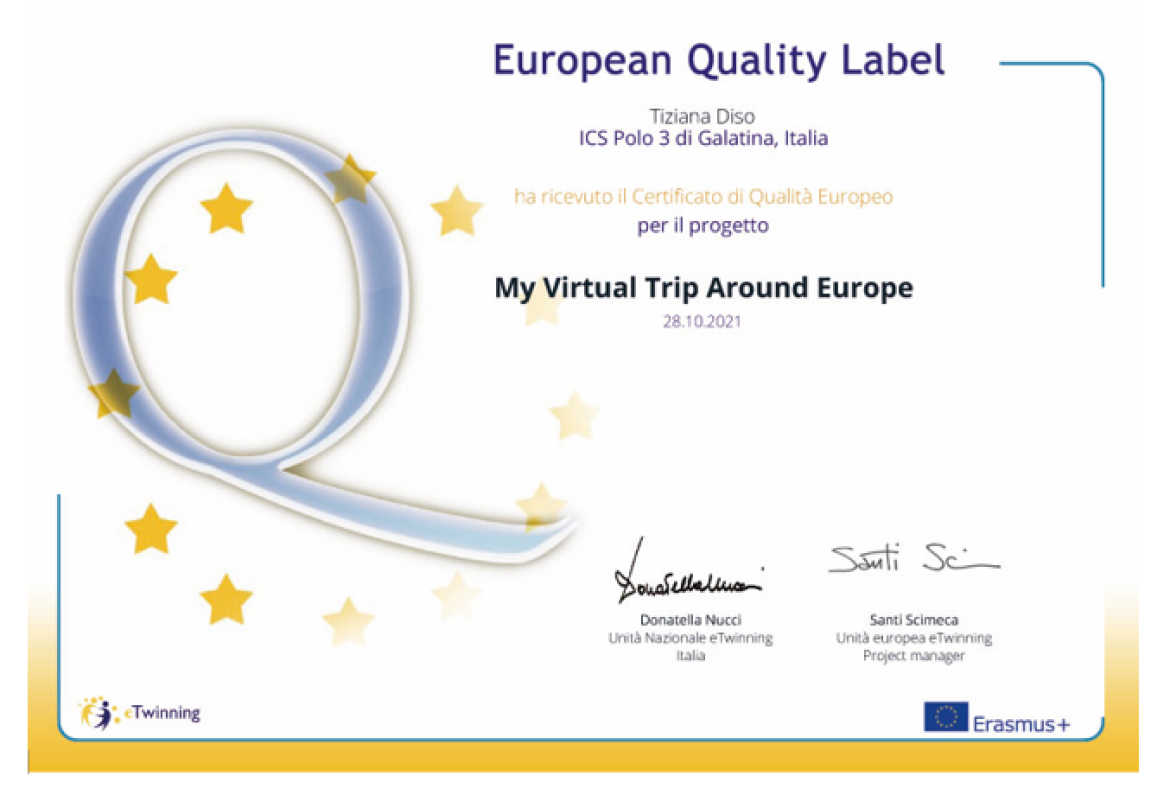 “My virtual trip around Europe”.  Alla Giovanni XXIII il  Certificato di Qualità Europeo per l’eccellente qualità del lavoro sul progetto eTwinning