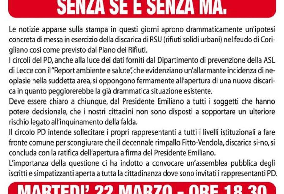 "No alla discarica di Corigliano senza sé e senza ma"