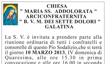 Arciconfraternita dell'Addolorata, il 10 assemblea ordinaria dei confratelli e consorelle 