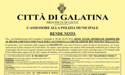 In un manifesto le nuove regole per l'accesso nelle Zone a Traffico Limitato di Galatina