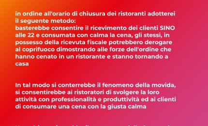 "Si potrebbe derogare al coprifuoco con la ricevuta fiscale del ristorante"