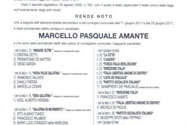 Pubblicato il manifesto ufficiale con i nomi degli eletti a Galatina