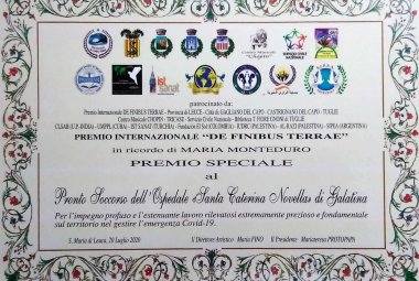 Premio Speciale al Pronto Soccorso di Galatina per l'impegno profuso nel corso dell'emergenza Covid-19