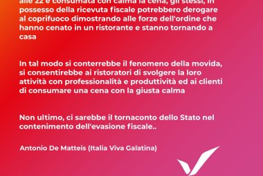 "Si potrebbe derogare al coprifuoco con la ricevuta fiscale del ristorante"