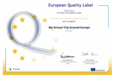 “My virtual trip around Europe”.  Alla Giovanni XXIII il  Certificato di Qualità Europeo per l’eccellente qualità del lavoro sul progetto eTwinning