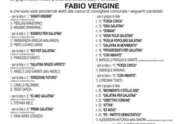Il manifesto ufficiale con i nomi dei consiglieri comunali di Galatina