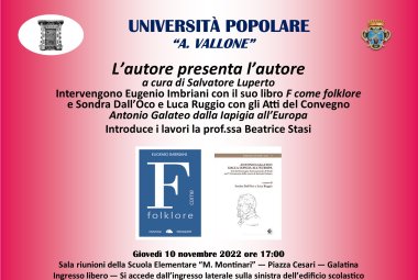  “L’autore presenta l’autore”, Eugenio Imbriani con “F come folklore” e Sondra Dall’Oco e Luca Ruggio